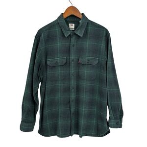 LEVIS Flannel Shirt Relaxed Plaid Heavy Weight Button Green Black